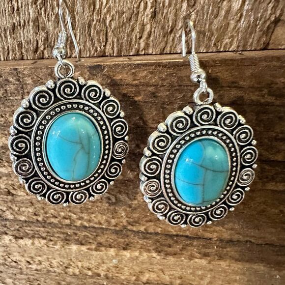 Boho Hippie Vintage Oval Lace Dangle Wire Earrings, Turquoise Stone, Gift Box - Picture 1 of 9